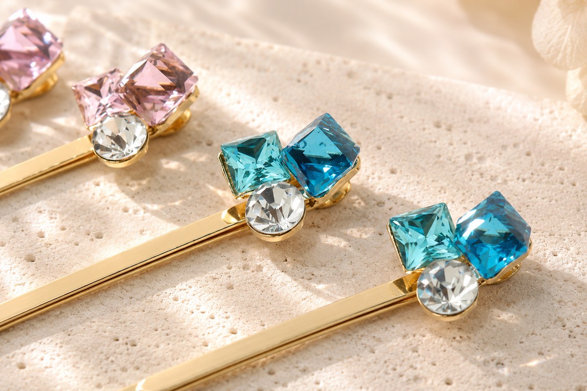 Crystal Bow Hair Pins – Set of 2 Sparkly Gold Bobby Pins, Pink or Blue