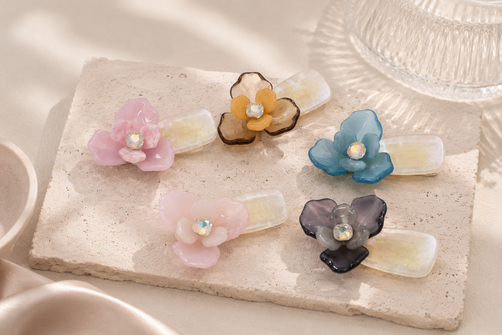 Acetate Flower Hair Clip with Crystal | Floral Snap Hair Clip