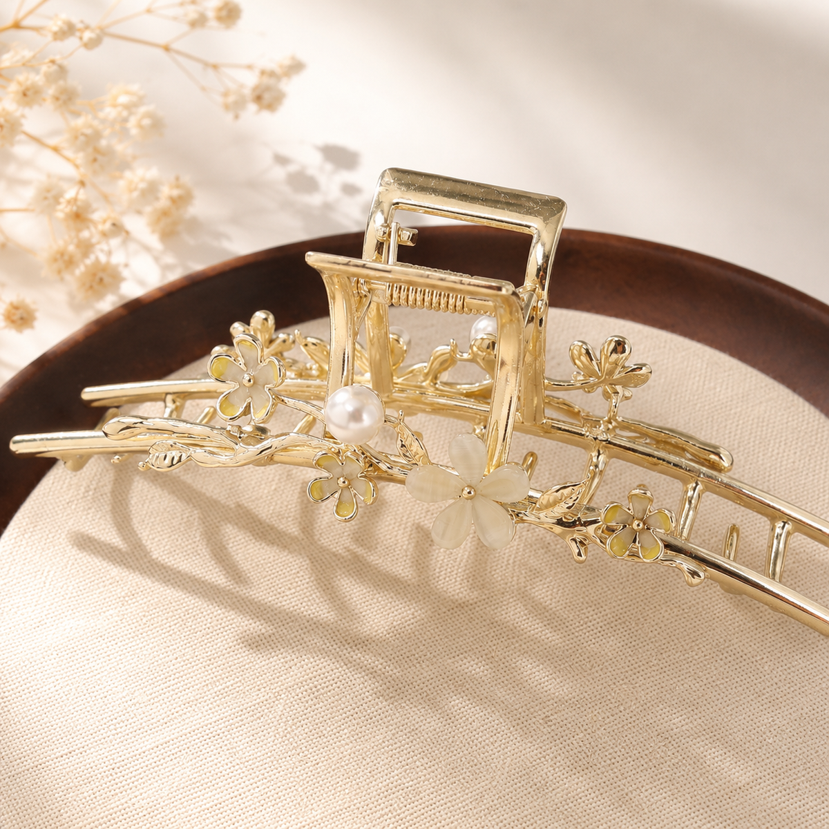 Pearl Blossom Gold Metal Hair Claw – 4.5" Floral French Twist Clip