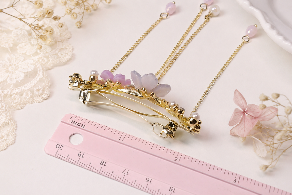 Floral Pearl Barrette with Dangling Gold Chains – Romantic Bridal Hair Clip