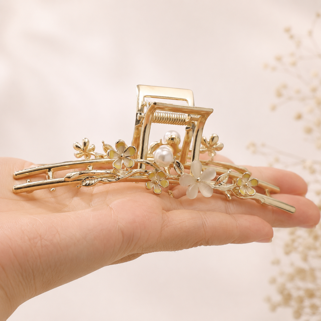 Pearl Blossom Gold Metal Hair Claw – 4.5" Floral French Twist Clip