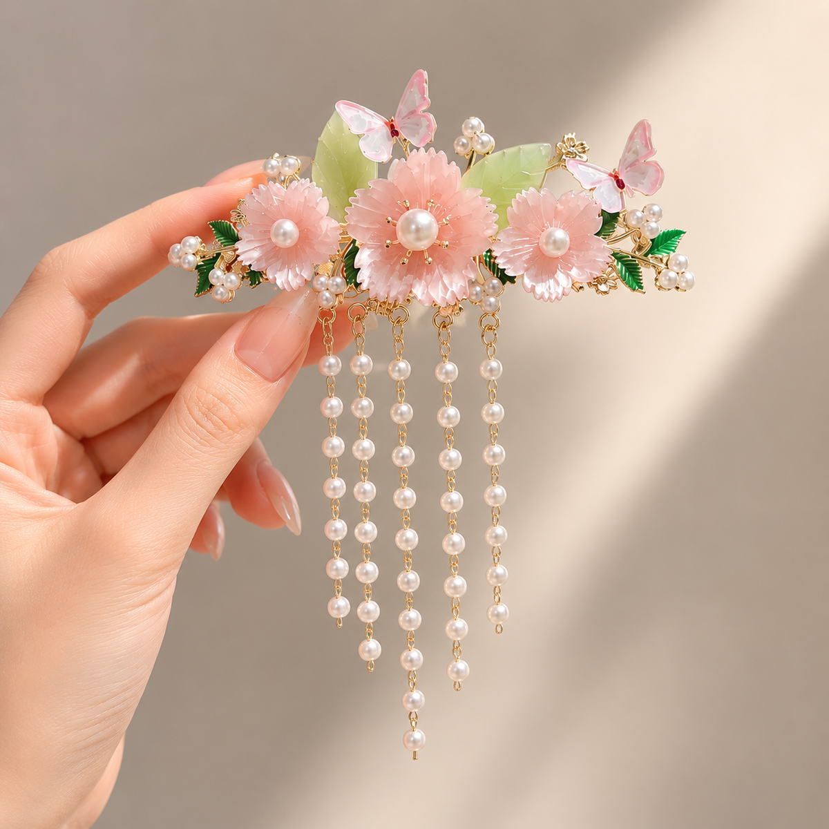 Pink Floral Half-Up Hair Clip with Butterflies & Pearls – Romantic Flower Barrette