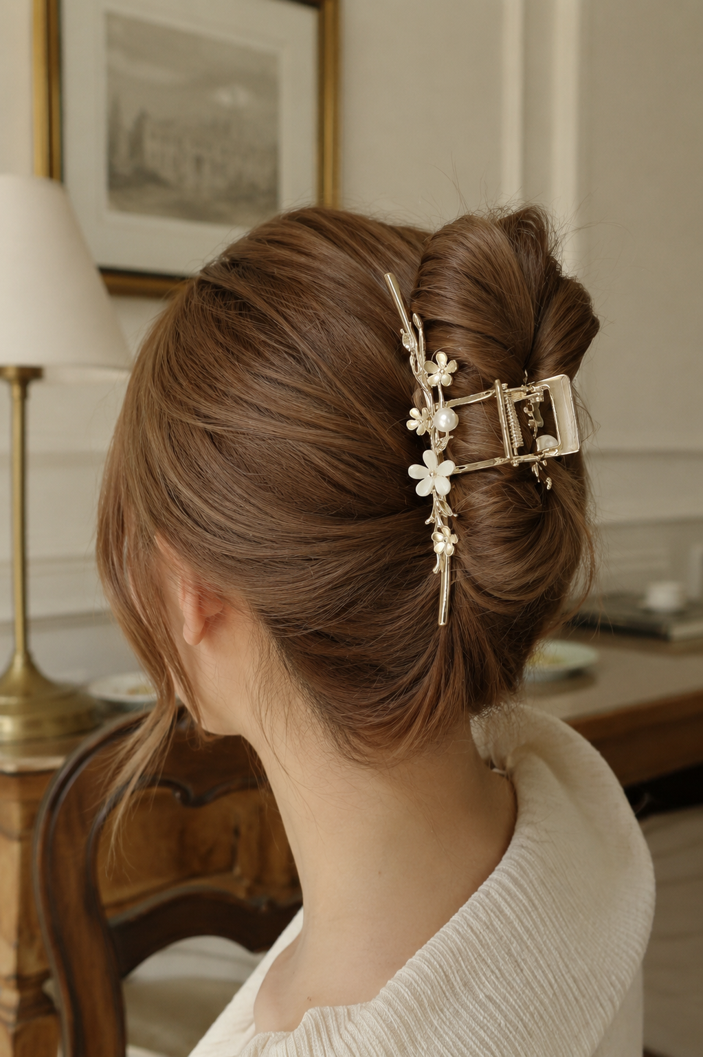 Pearl Blossom Gold Metal Hair Claw – 4.5" Floral French Twist Clip