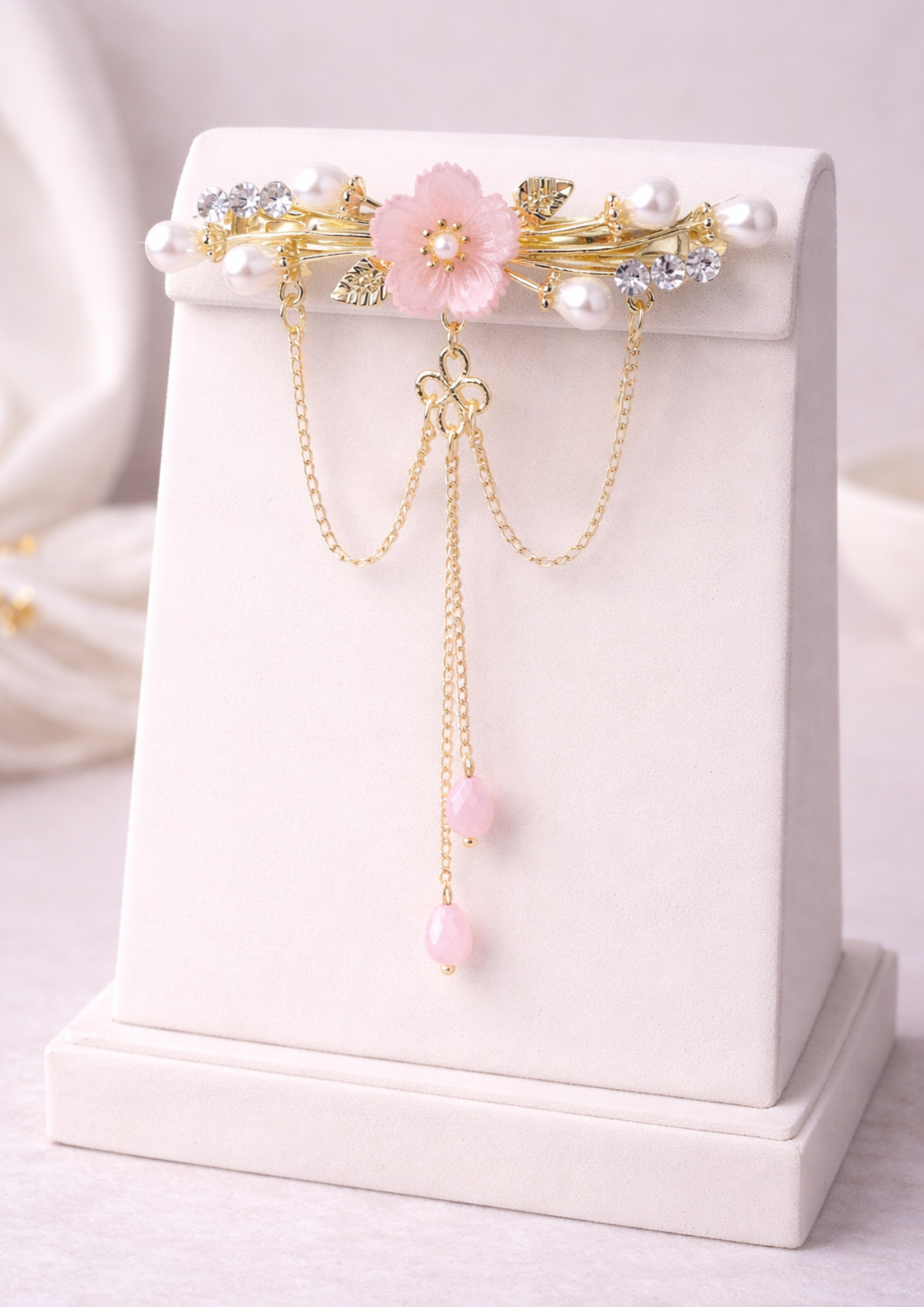 Floral Pearl Barrette with Dangling Gold Chains – Romantic Bridal Hair Clip