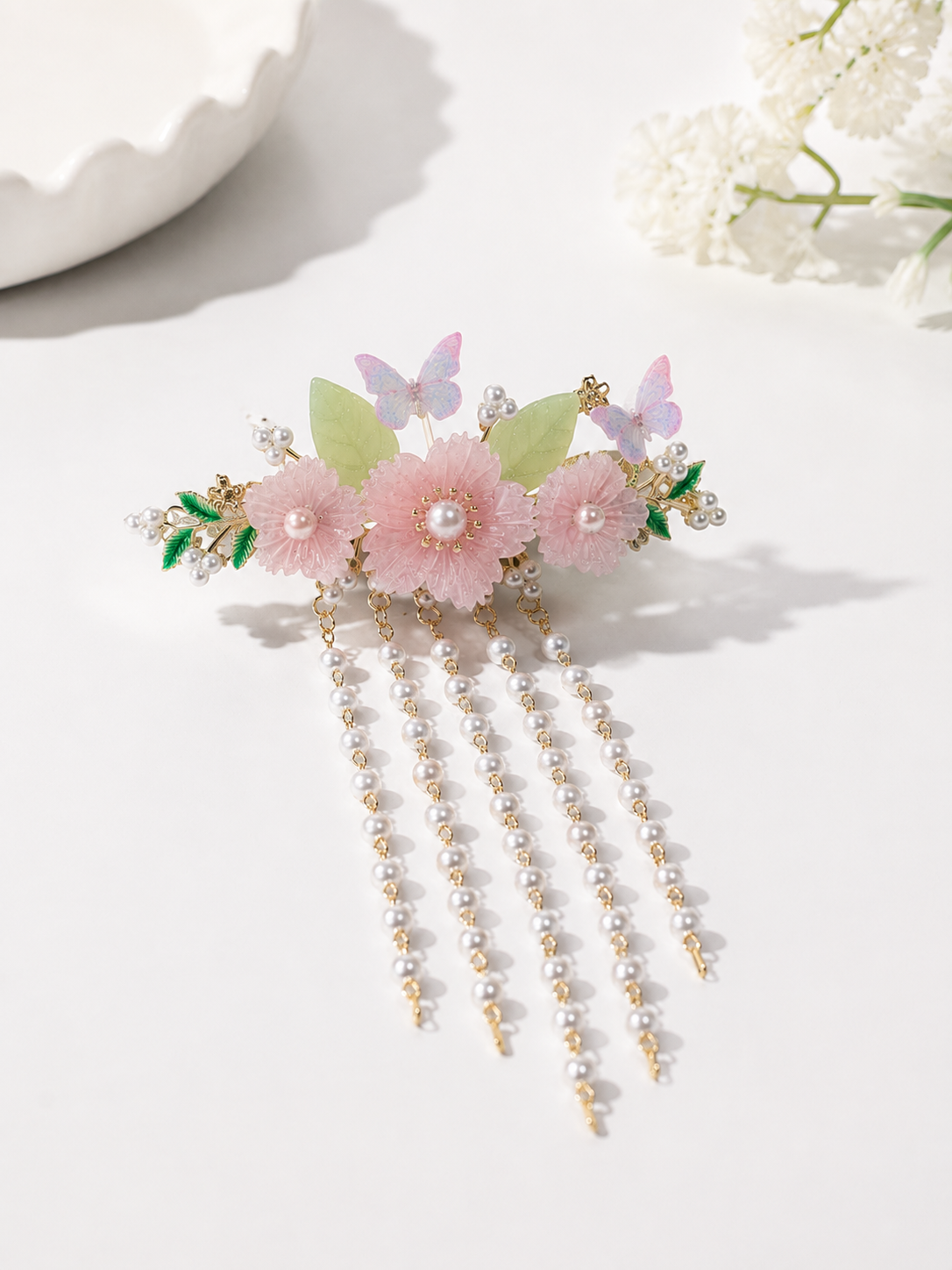 Pink Floral Half-Up Hair Clip with Butterflies & Pearls – Romantic Flower Barrette