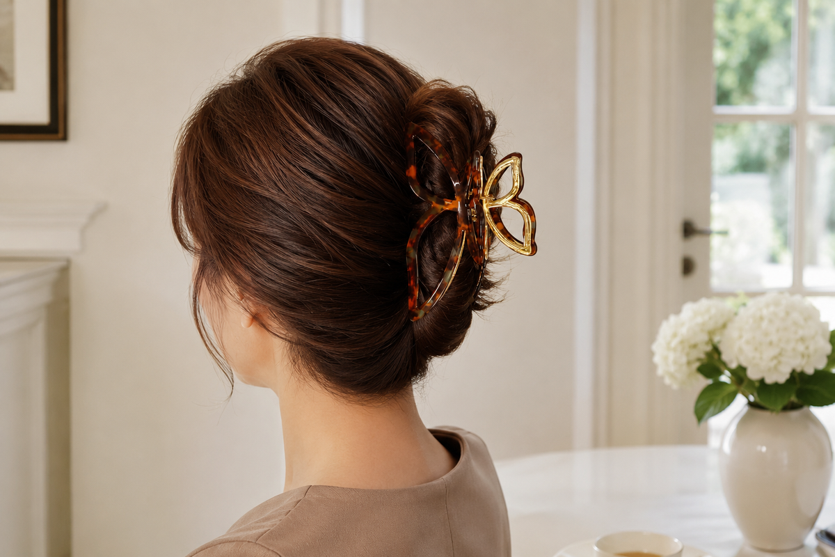 Acetate Butterfly Hair Claw Clip with Gold Alloy Base – Elegant Large Hair Clip for Women