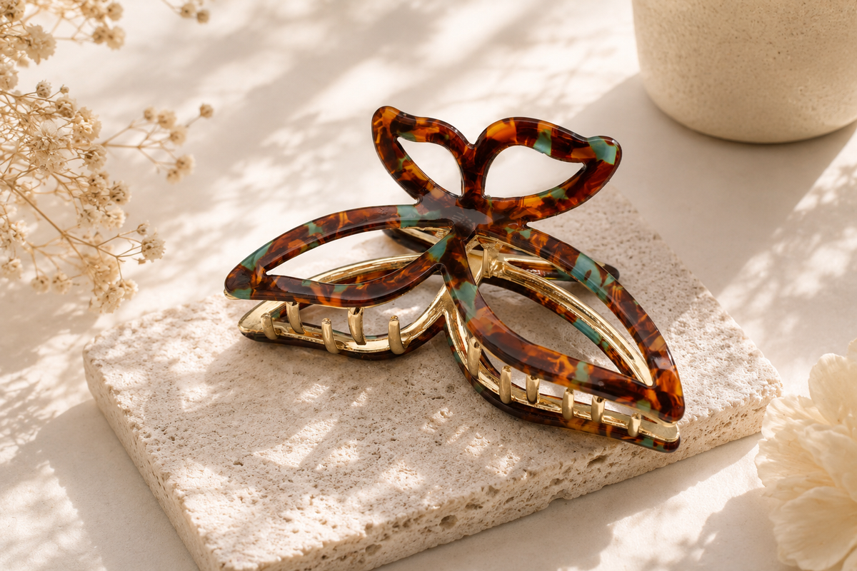 Acetate Butterfly Hair Claw Clip with Gold Alloy Base – Elegant Large Hair Clip for Women