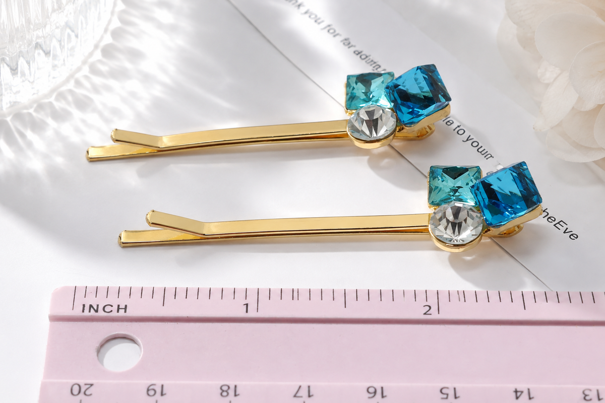 Crystal Bow Hair Pins – Set of 2 Sparkly Gold Bobby Pins, Pink or Blue