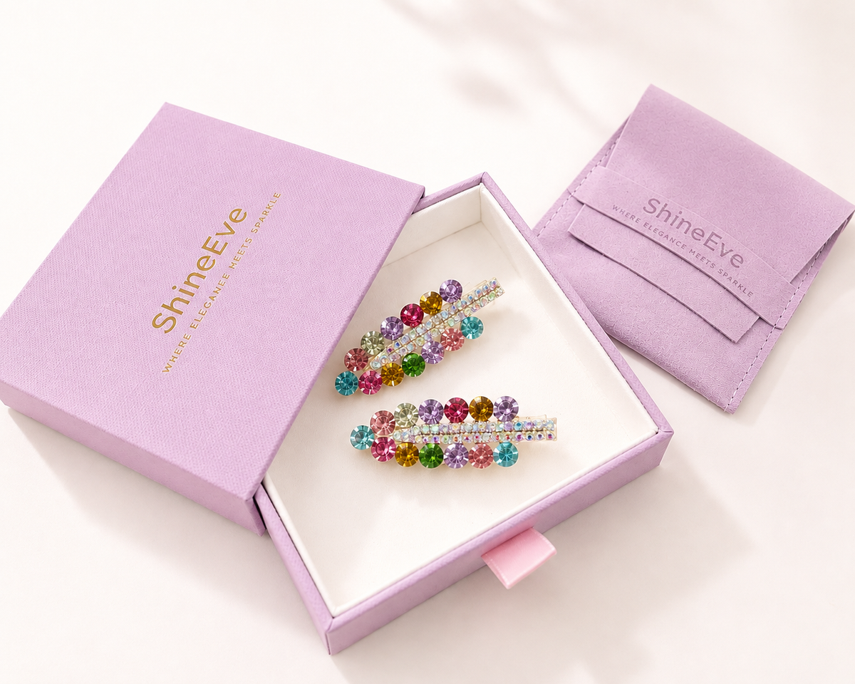 Colorful Crystal Hair Clips – Set of 2 Sparkly Rhinestone Side Clips with Gift Box