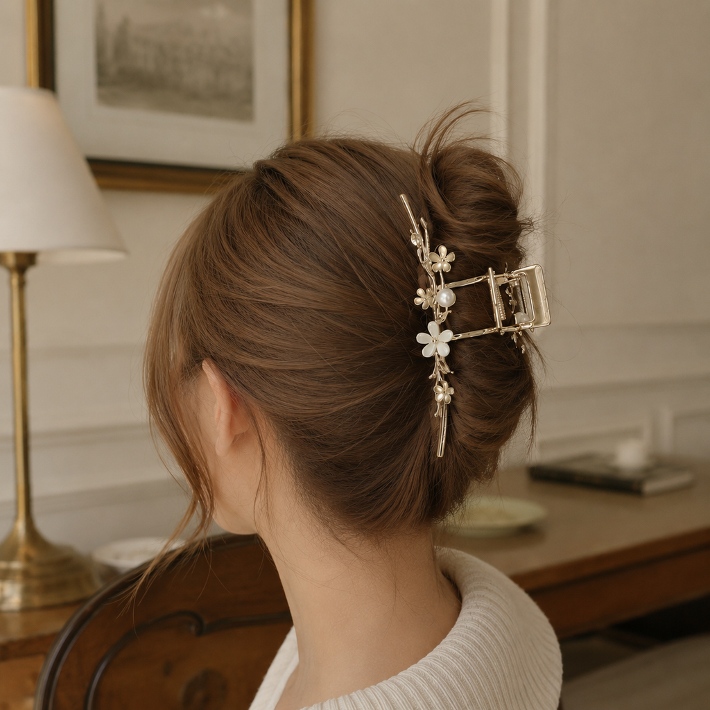 Pearl Blossom Gold Metal Hair Claw – 4.5" Floral French Twist Clip