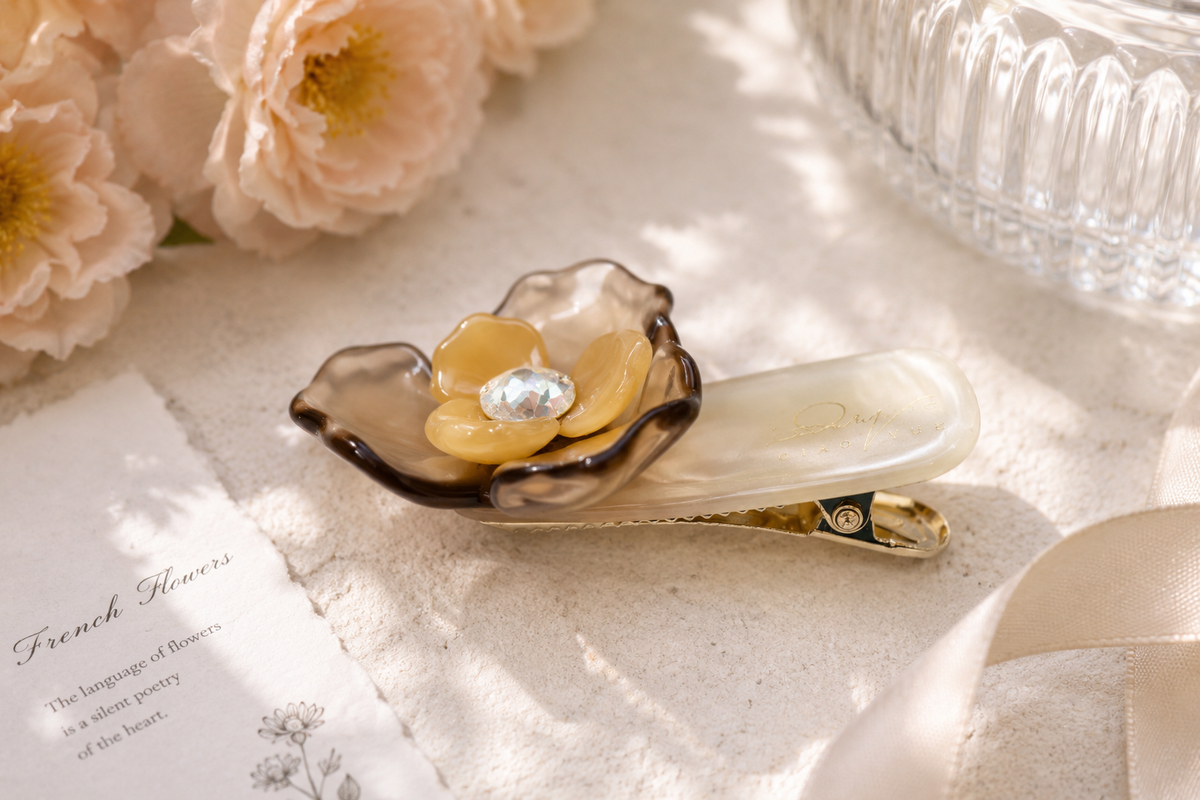 Acetate Flower Hair Clip with Crystal | Floral Snap Hair Clip