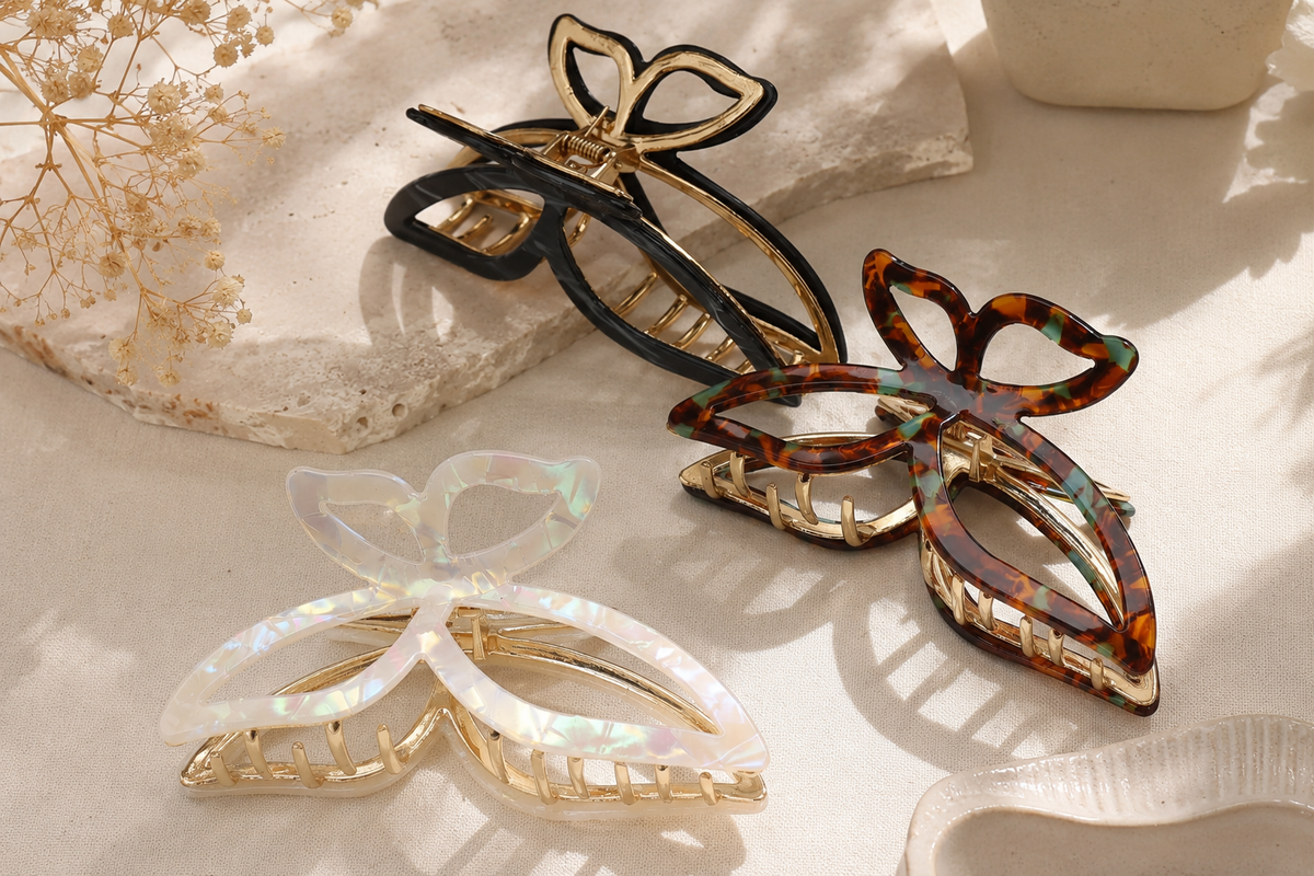 Acetate Butterfly Hair Claw Clip with Gold Alloy Base – Elegant Large Hair Clip for Women