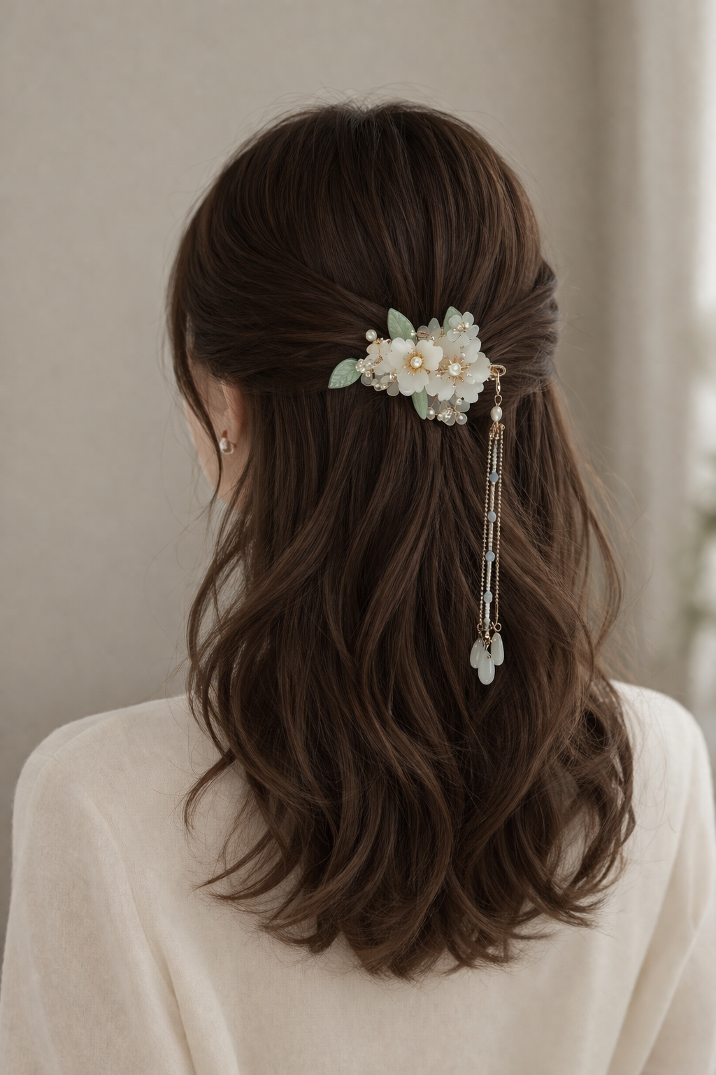 Pearl Blossom Bridal Hair Clip with Detachable Tassel
