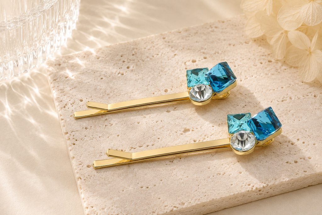 Crystal Bow Hair Pins – Set of 2 Sparkly Gold Bobby Pins, Pink or Blue
