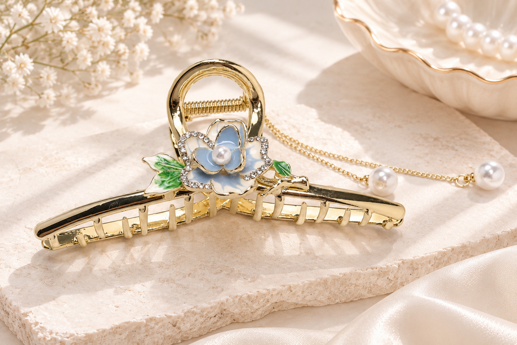 Blue Floral Pearl Tassel French Hair Claw