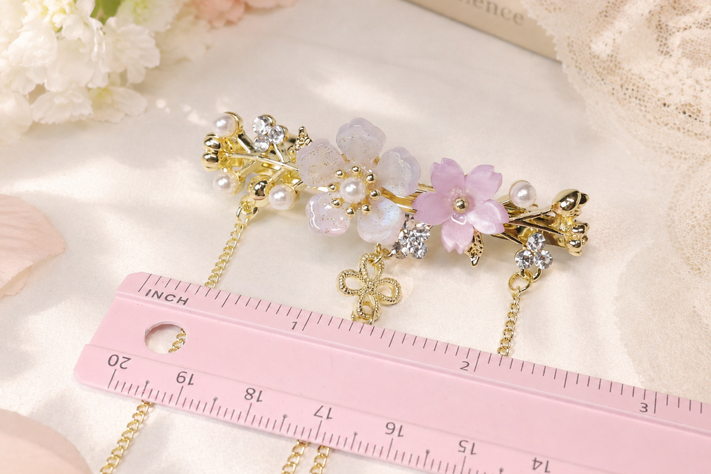 Floral Pearl Barrette with Dangling Gold Chains – Romantic Bridal Hair Clip