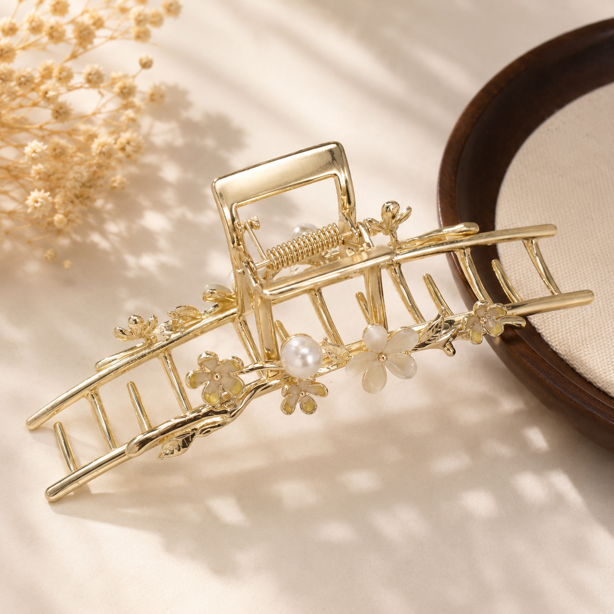 Pearl Blossom Gold Metal Hair Claw – 4.5" Floral French Twist Clip