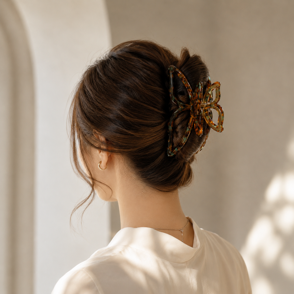 Acetate Butterfly Hair Claw Clip with Gold Alloy Base – Elegant Large Hair Clip for Women