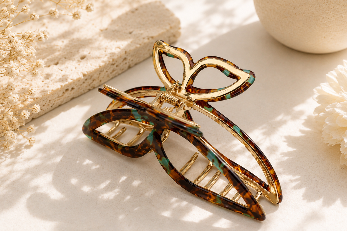 Acetate Butterfly Hair Claw Clip with Gold Alloy Base – Elegant Large Hair Clip for Women