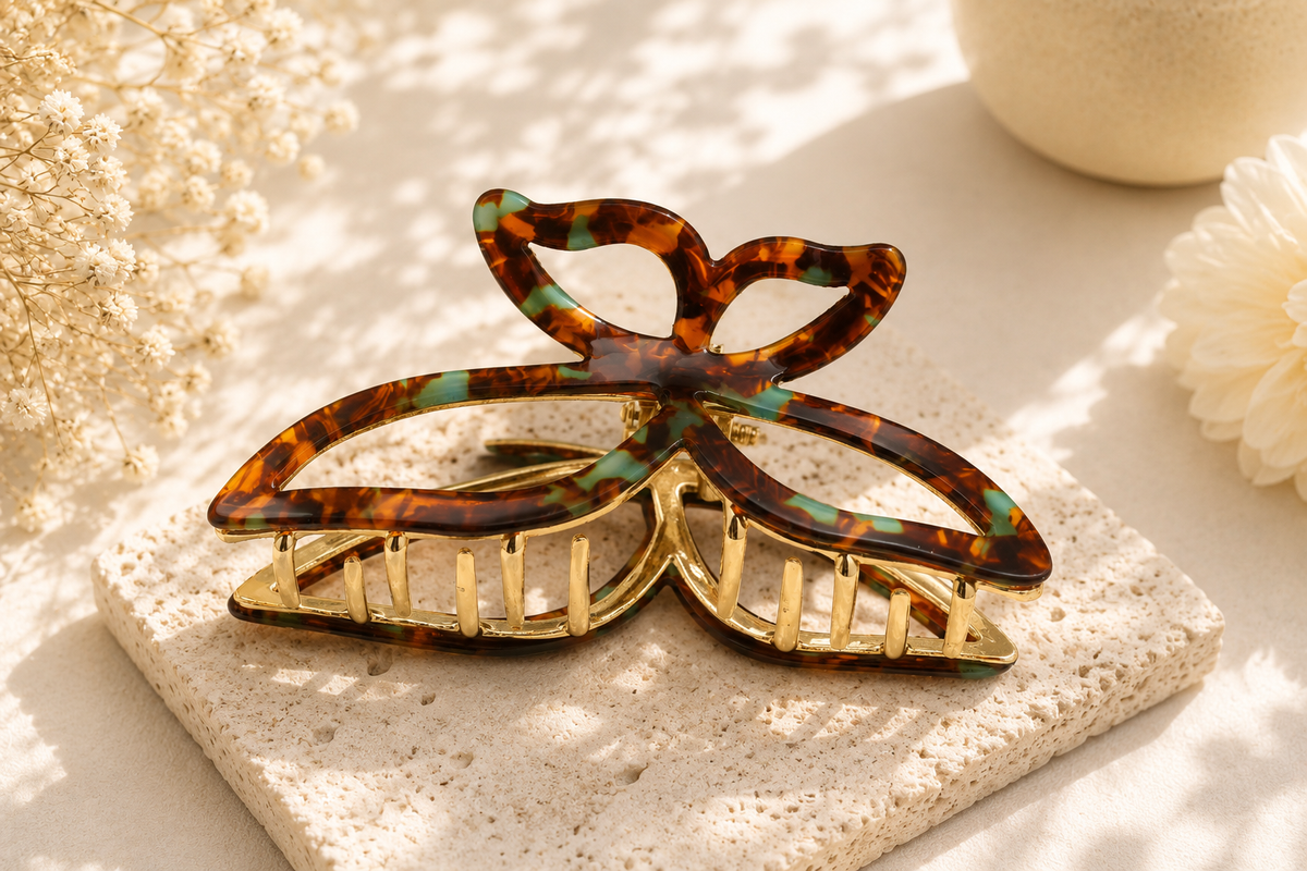 Acetate Butterfly Hair Claw Clip with Gold Alloy Base – Elegant Large Hair Clip for Women