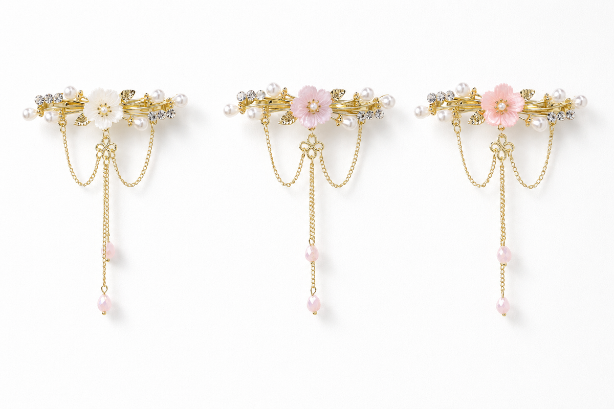 Floral Pearl Barrette with Dangling Gold Chains – Romantic Bridal Hair Clip