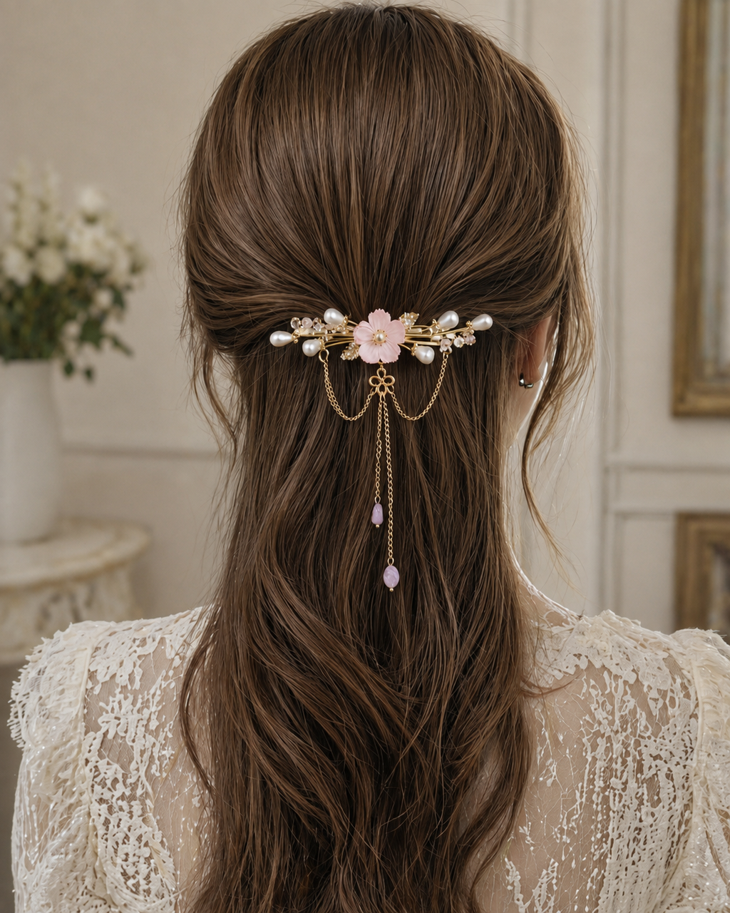Floral Pearl Barrette with Dangling Gold Chains – Romantic Bridal Hair Clip