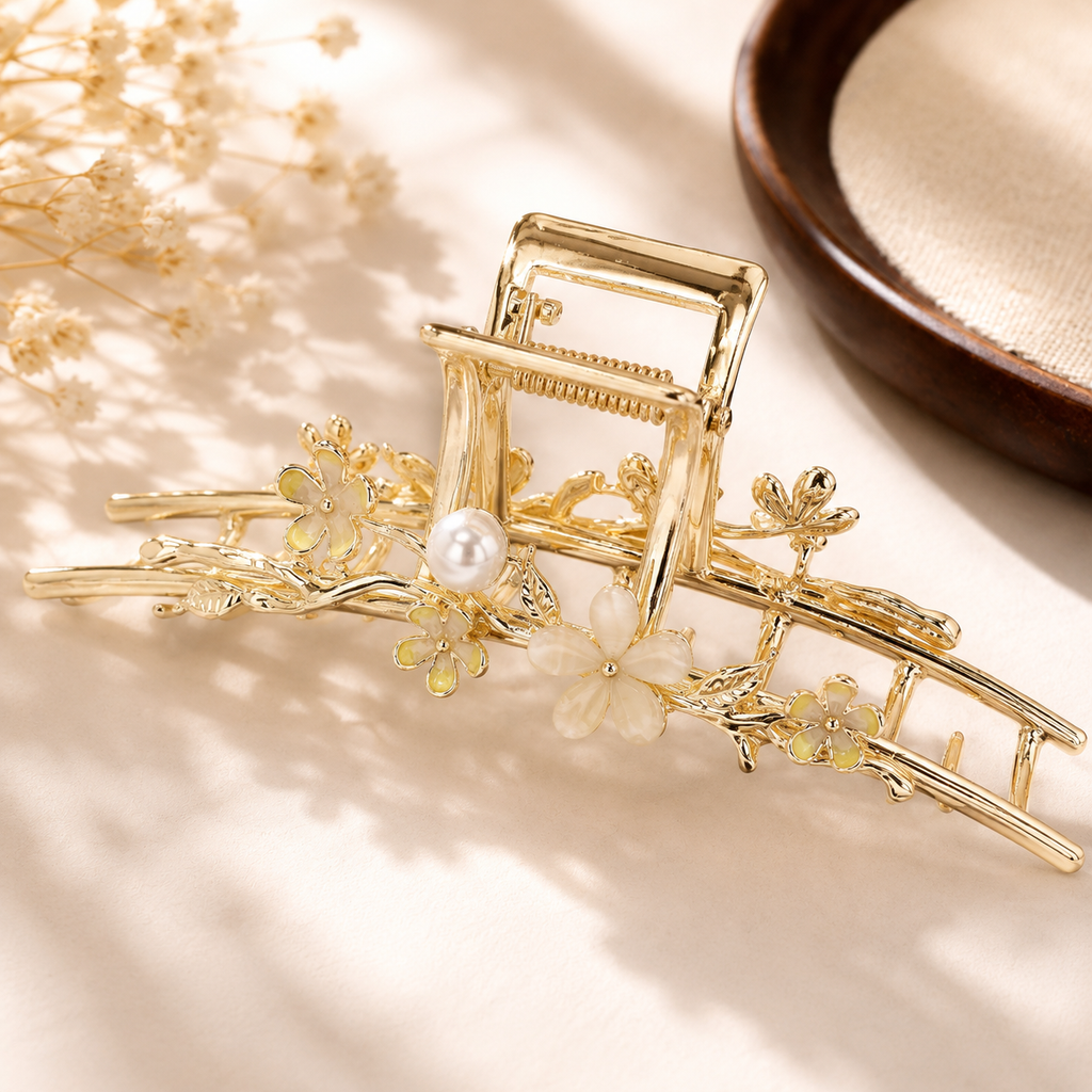 Pearl Blossom Gold Metal Hair Claw – 4.5" Floral French Twist Clip