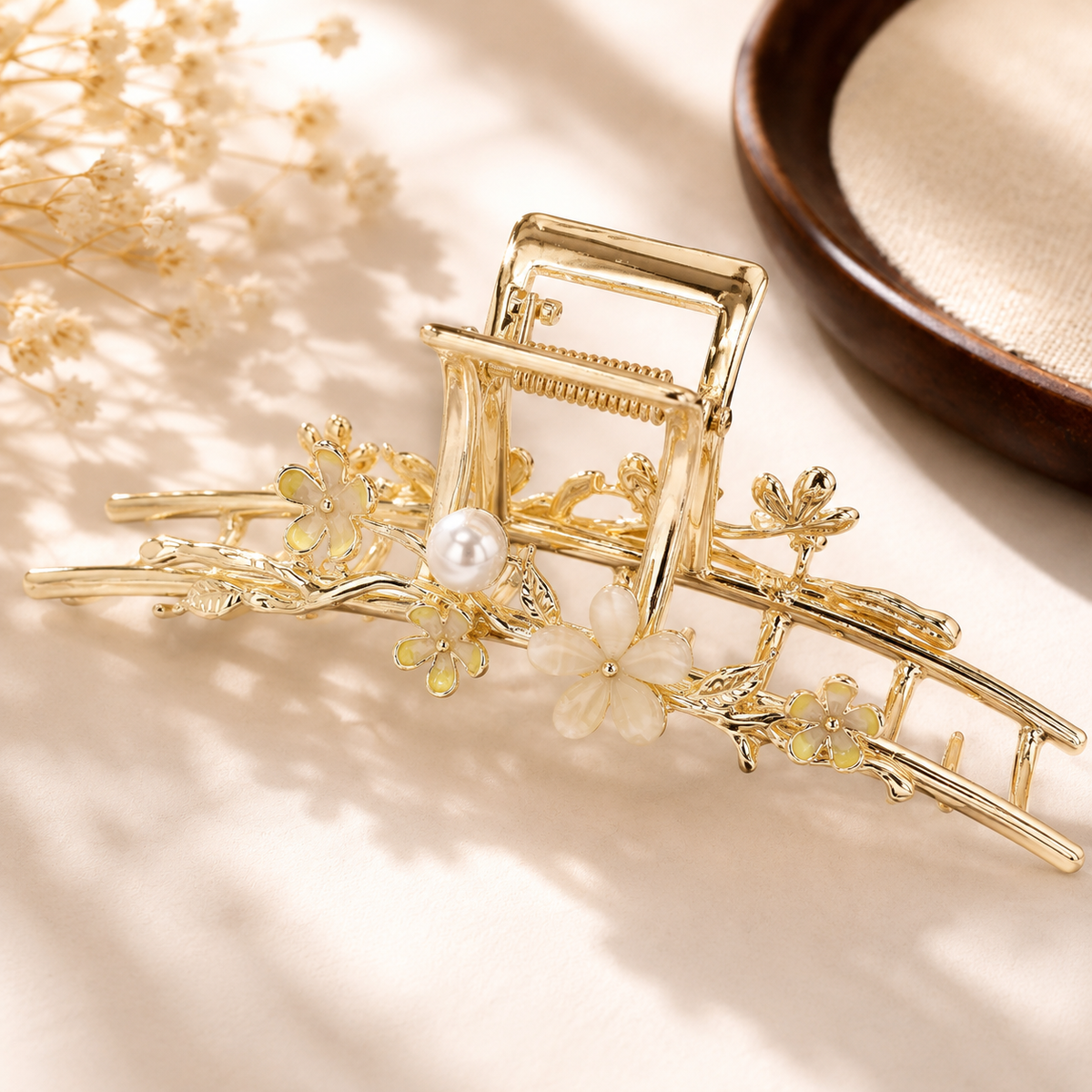 Pearl Blossom Gold Metal Hair Claw – 4.5" Floral French Twist Clip
