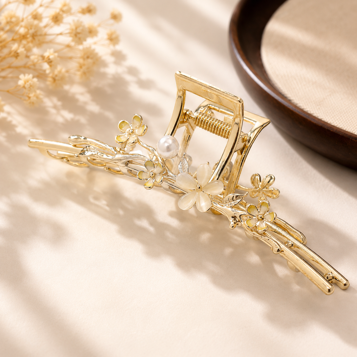 Pearl Blossom Gold Metal Hair Claw – 4.5" Floral French Twist Clip