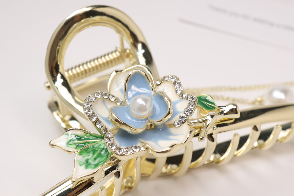 Blue Floral Pearl Tassel French Hair Claw