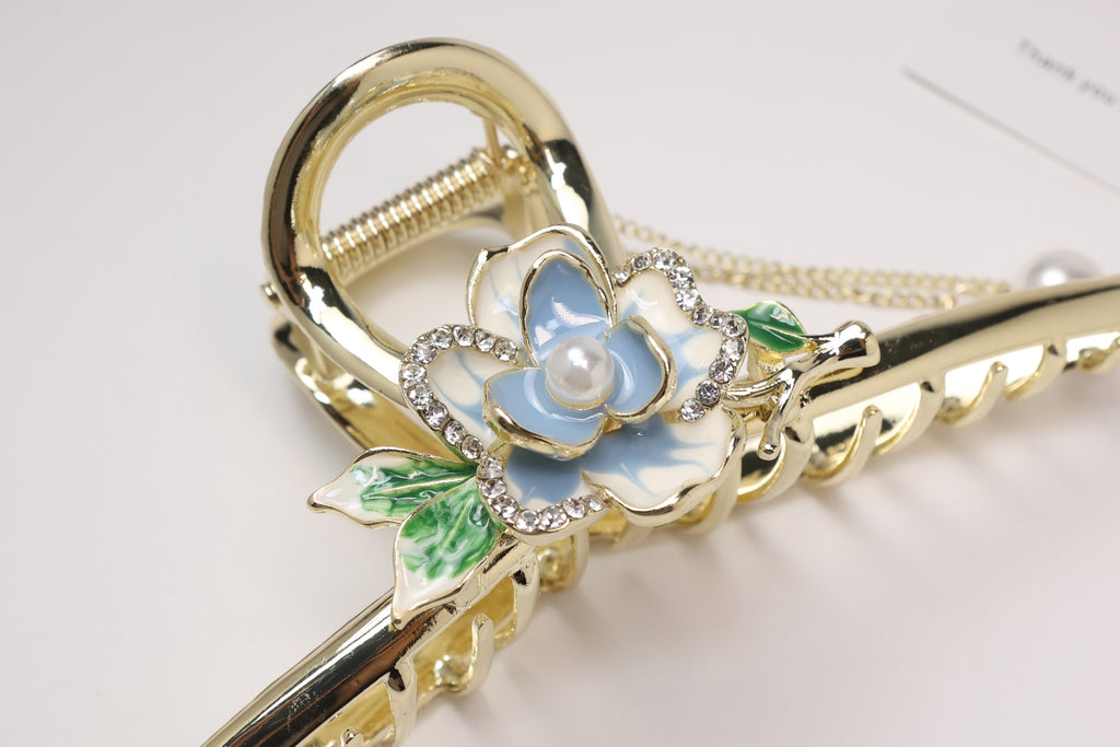 Blue Floral Pearl Tassel French Hair Claw