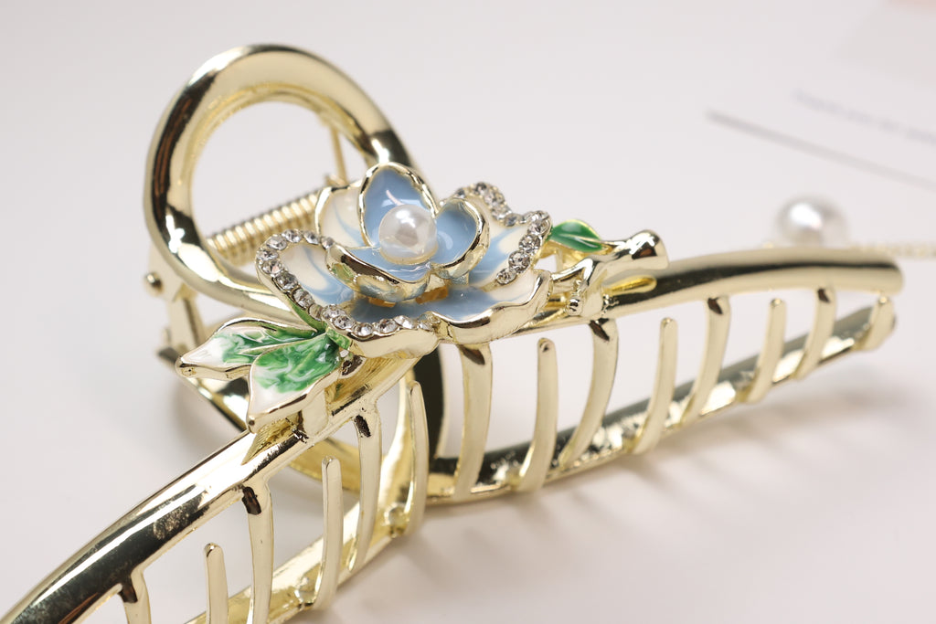 Blue Floral Pearl Tassel French Hair Claw