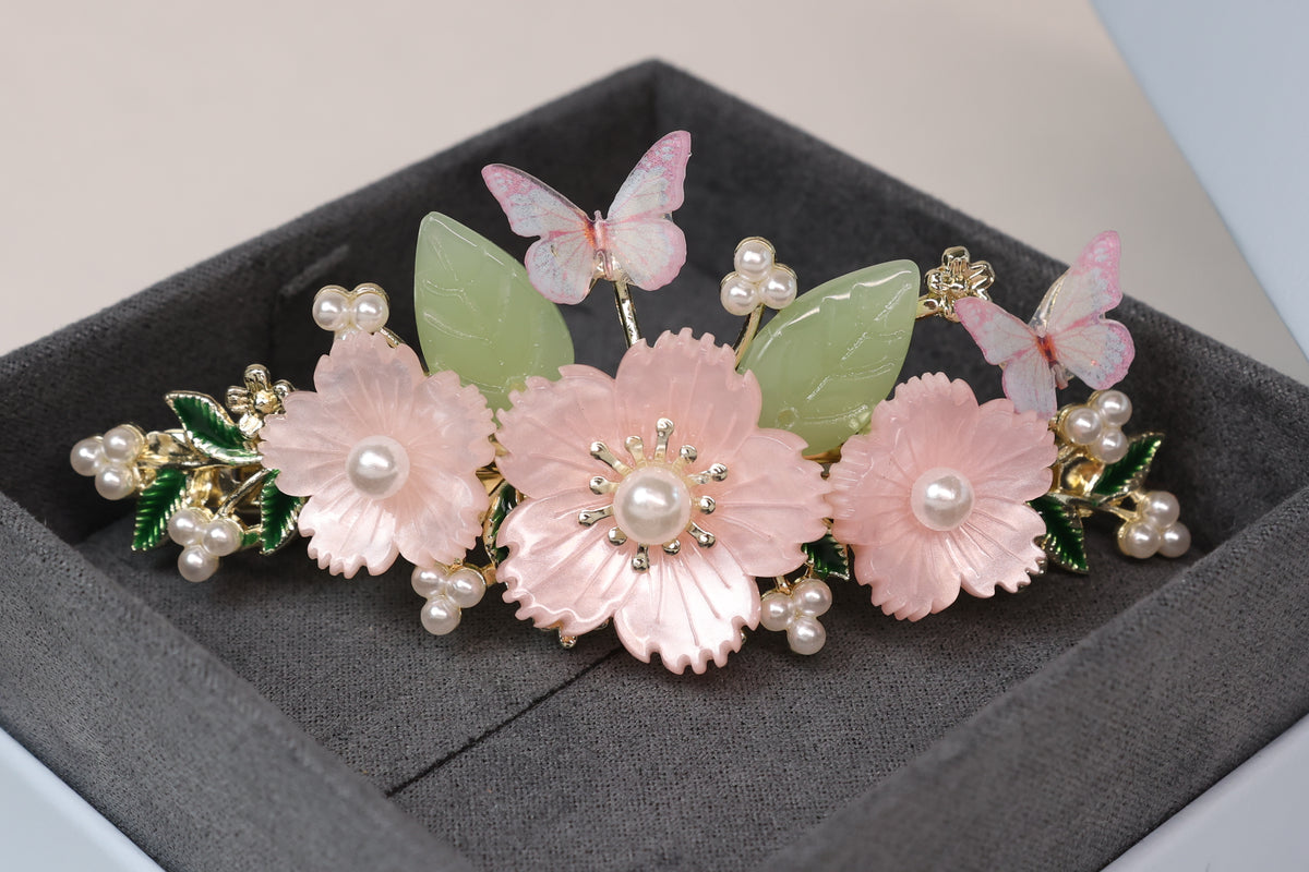 Pink Floral Half-Up Hair Clip with Butterflies & Pearls – Romantic Flower Barrette