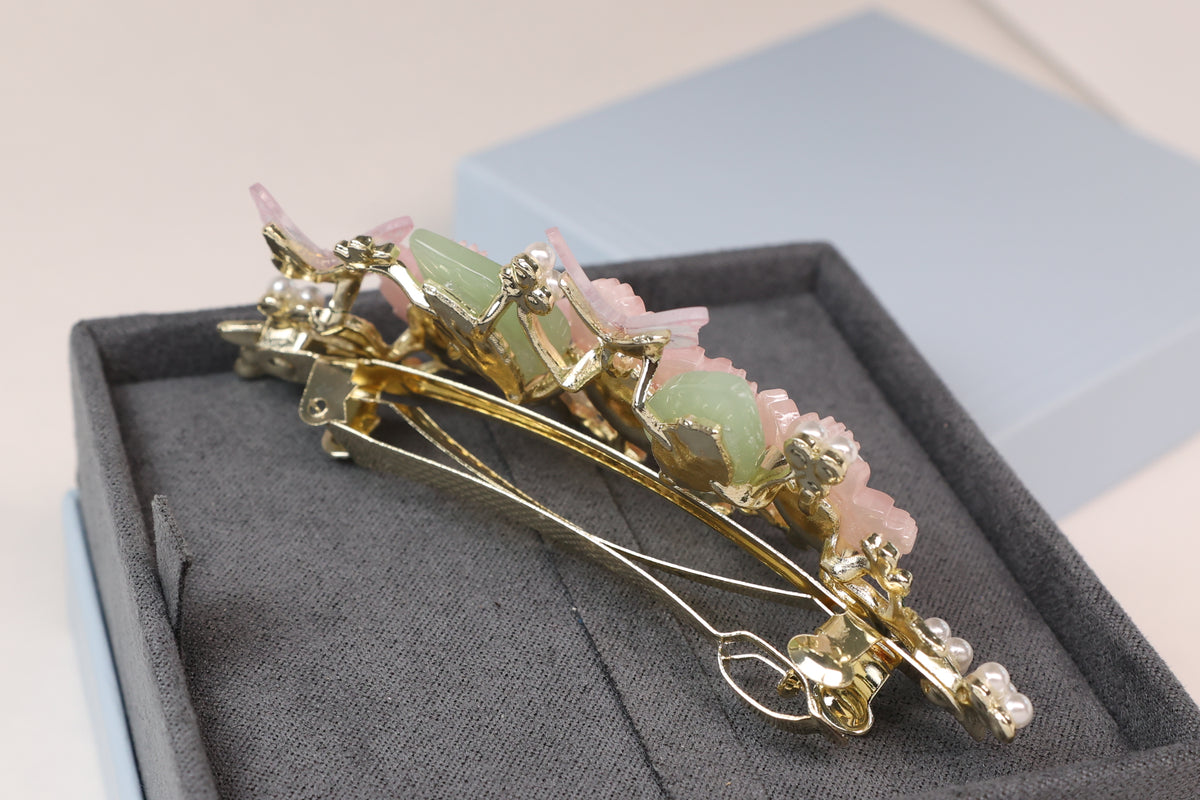 Pink Floral Half-Up Hair Clip with Butterflies & Pearls – Romantic Flower Barrette