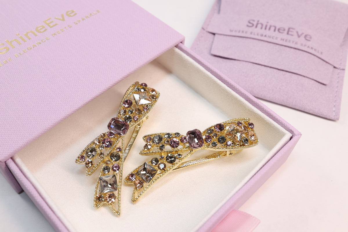 Crystal Bow Hair Clip – Gold Rhinestone Side Clip