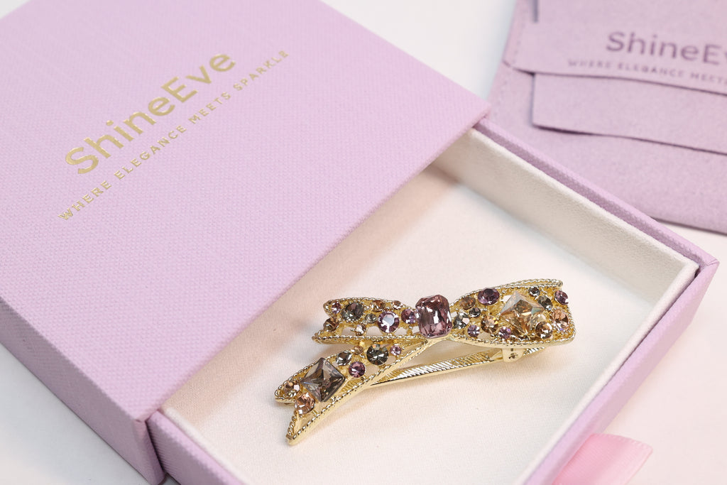Crystal Bow Hair Clip – Gold Rhinestone Side Clip
