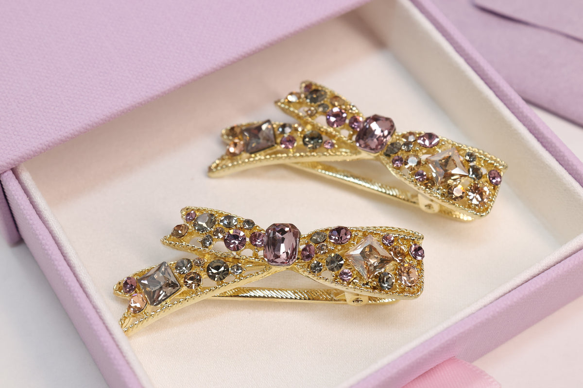 Crystal Bow Hair Clip – Gold Rhinestone Side Clip