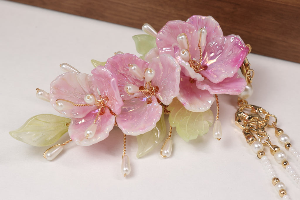 Blush Blossom Hair Clip with Detachable Pearl Tassel