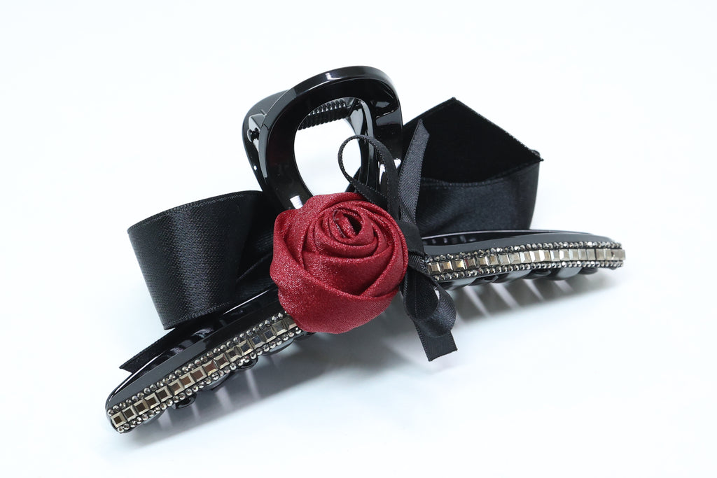 Black Rose Bow Hair Claw Clip – Crystal Rhinestone Large Hair Clip, Elegant Romantic Hair Accessory