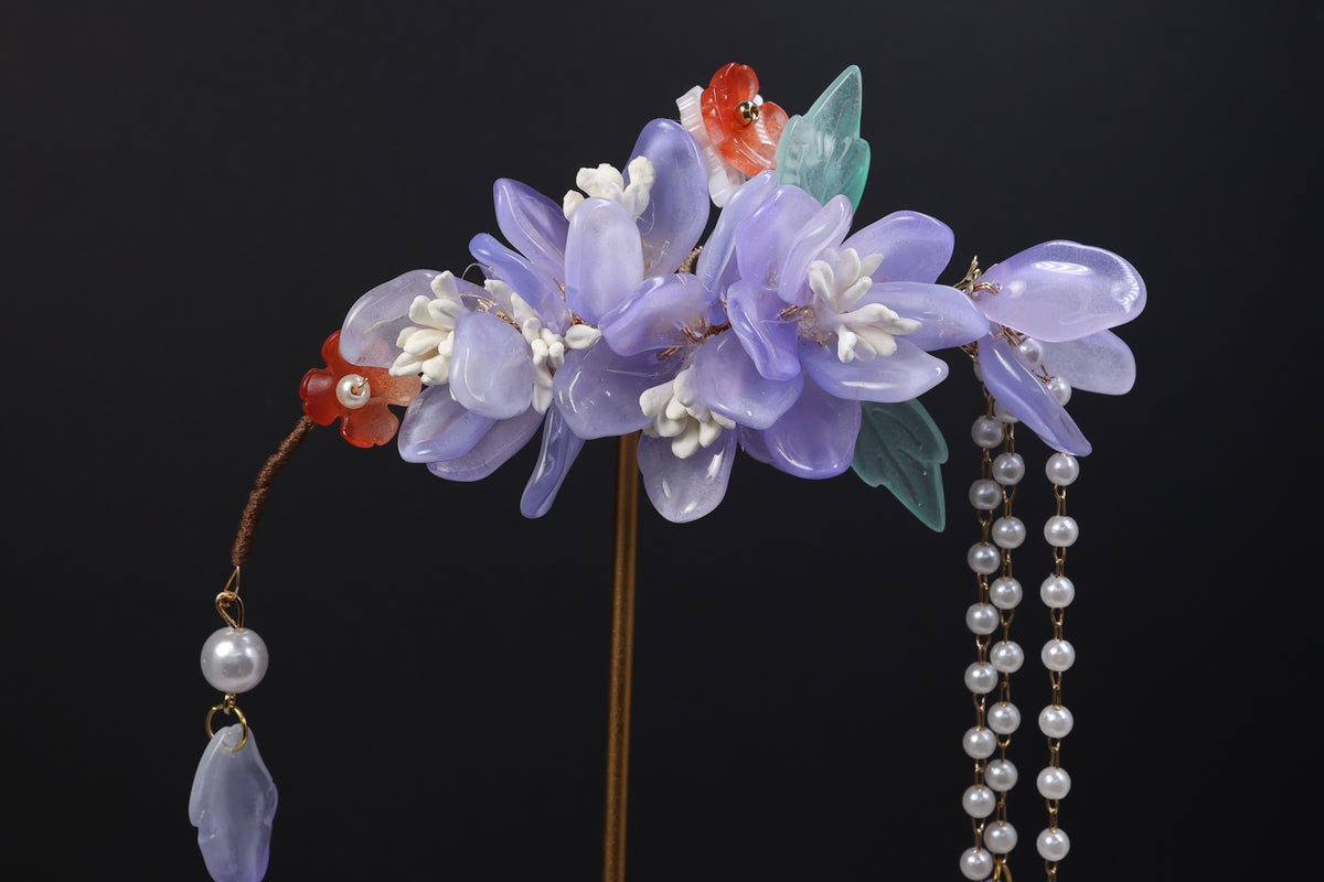 Lavender Floral Bridal Hair Clip with Pearl Tassel | Wedding Hair Accessory