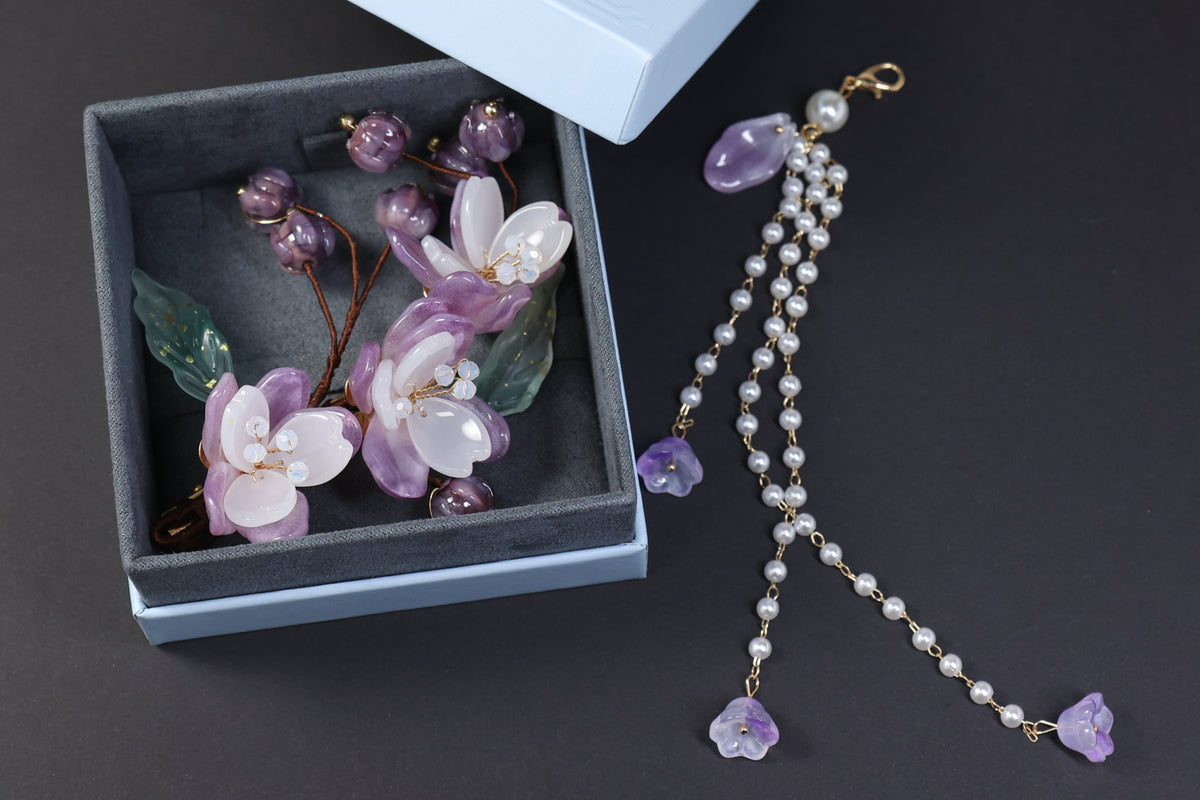 Purple Floral Bridal Hair Clip with Pearl Tassel | Wedding Hair Accessory