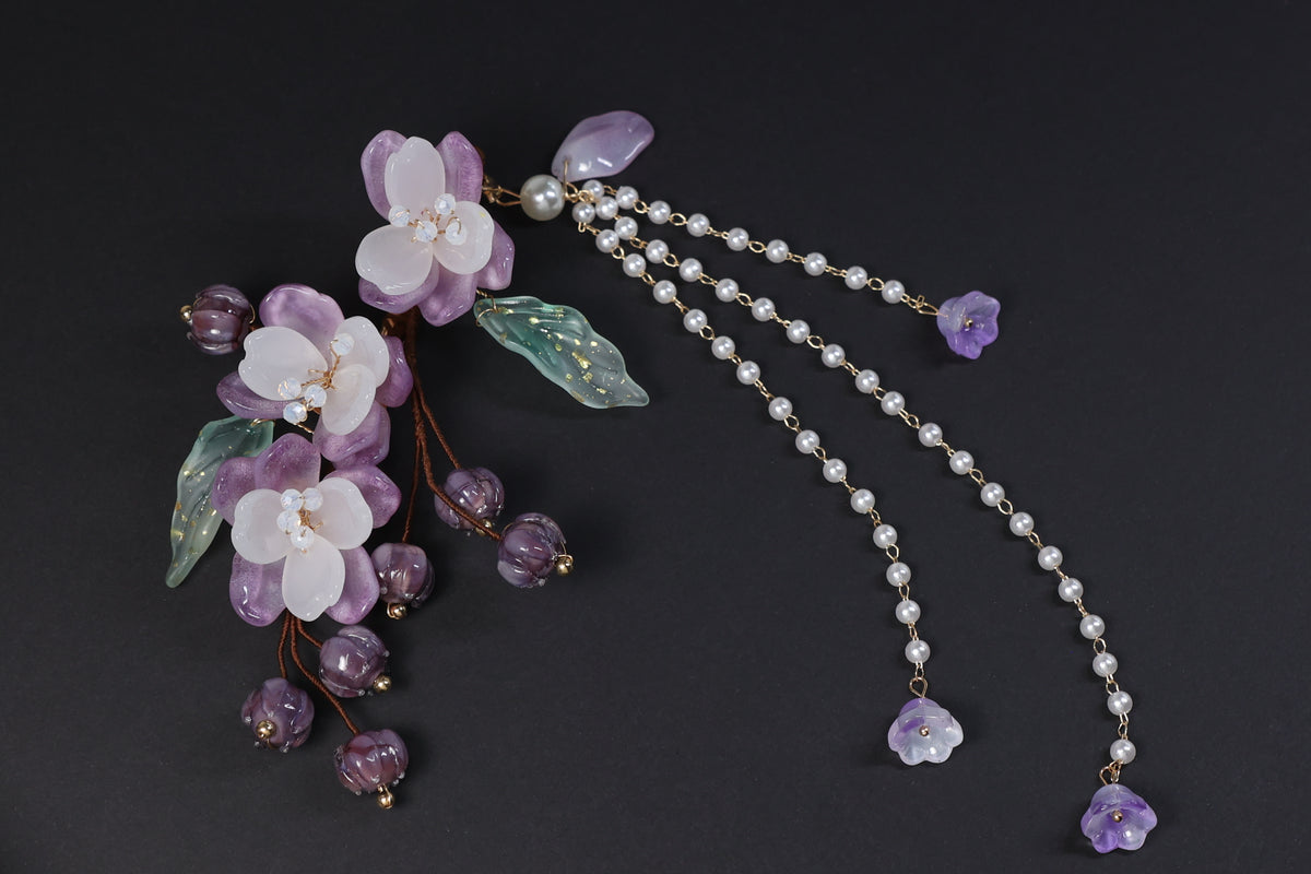 Purple Floral Bridal Hair Clip with Pearl Tassel | Wedding Hair Accessory