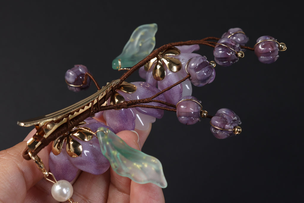 Purple Floral Bridal Hair Clip with Pearl Tassel | Wedding Hair Accessory