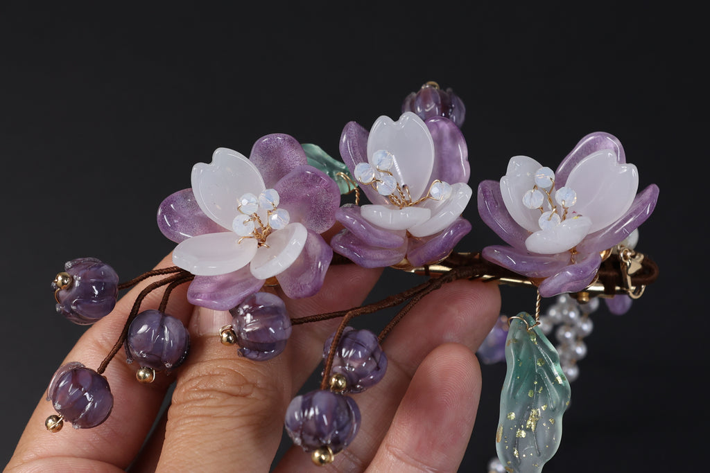 Purple Floral Bridal Hair Clip with Pearl Tassel | Wedding Hair Accessory