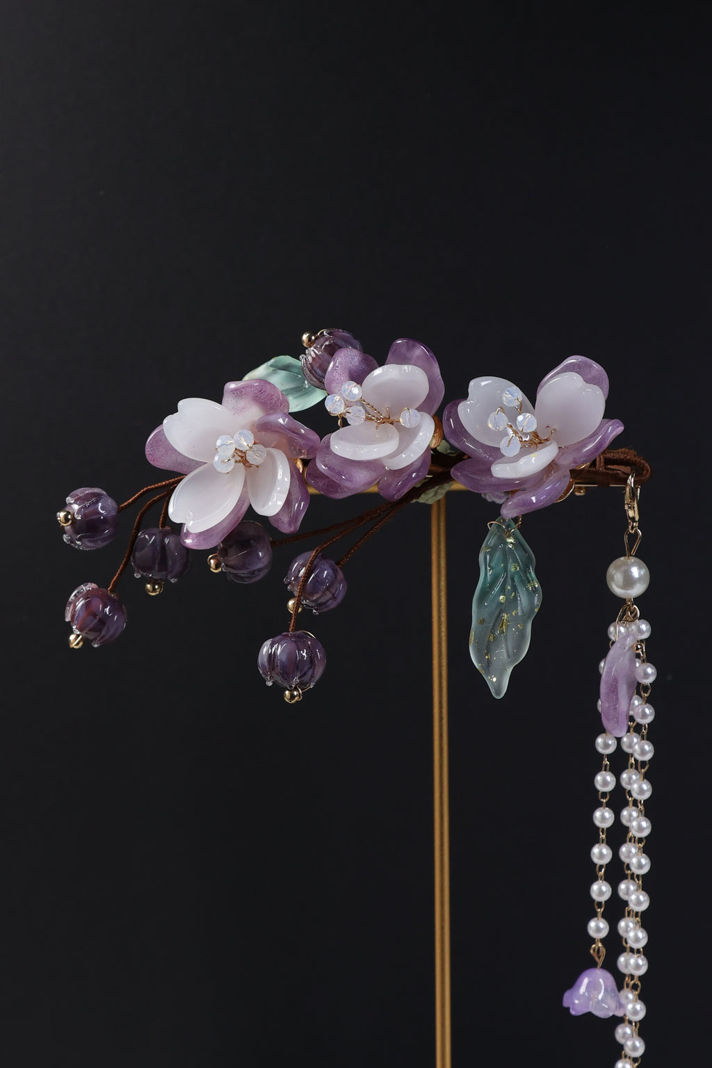 Purple Floral Bridal Hair Clip with Pearl Tassel | Wedding Hair Accessory