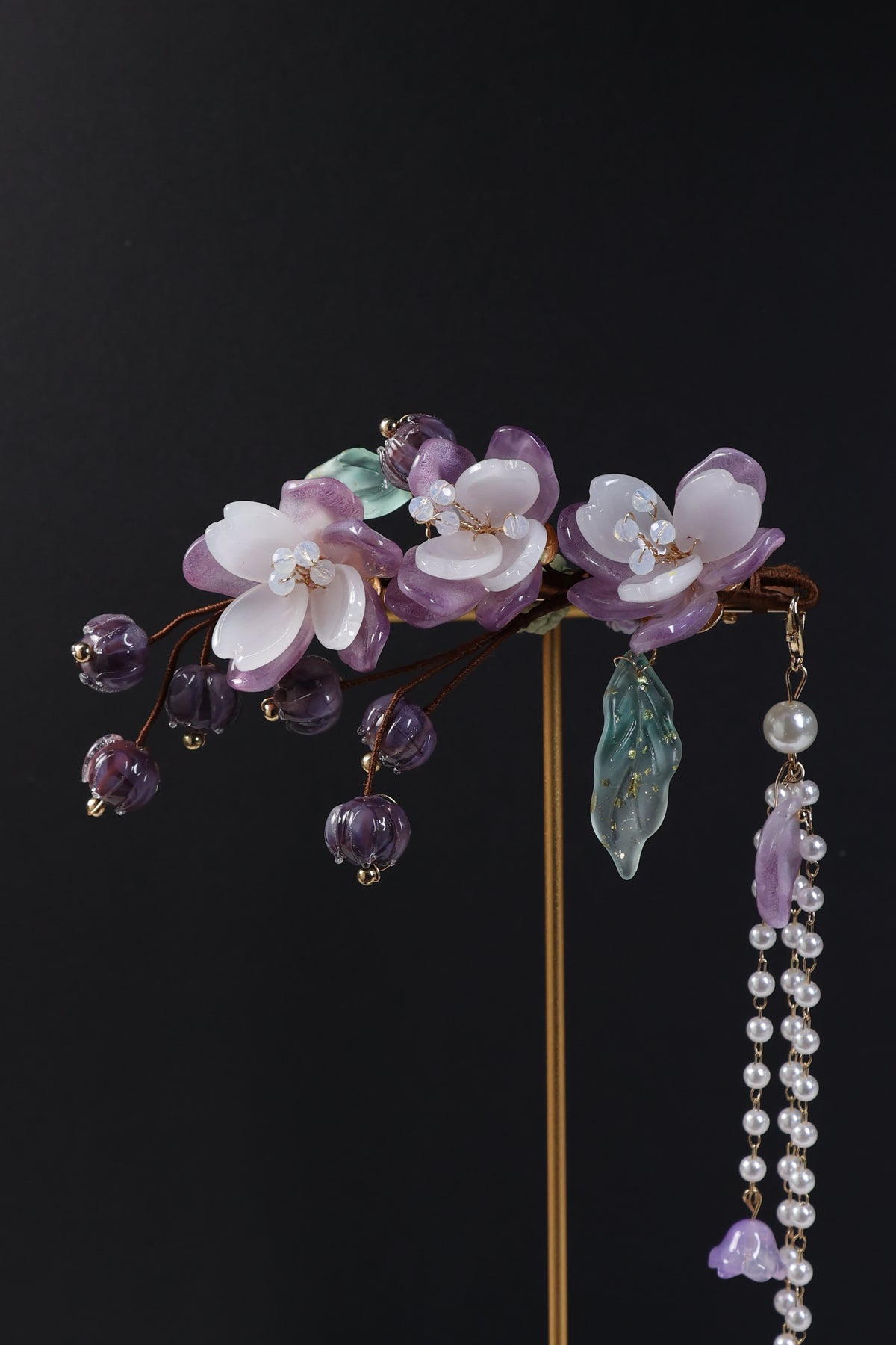 Purple Floral Bridal Hair Clip with Pearl Tassel | Wedding Hair Accessory