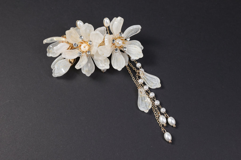 Ivory Floral Bridal Hair Clip with Pearl Tassel | Wedding Hair Accessory