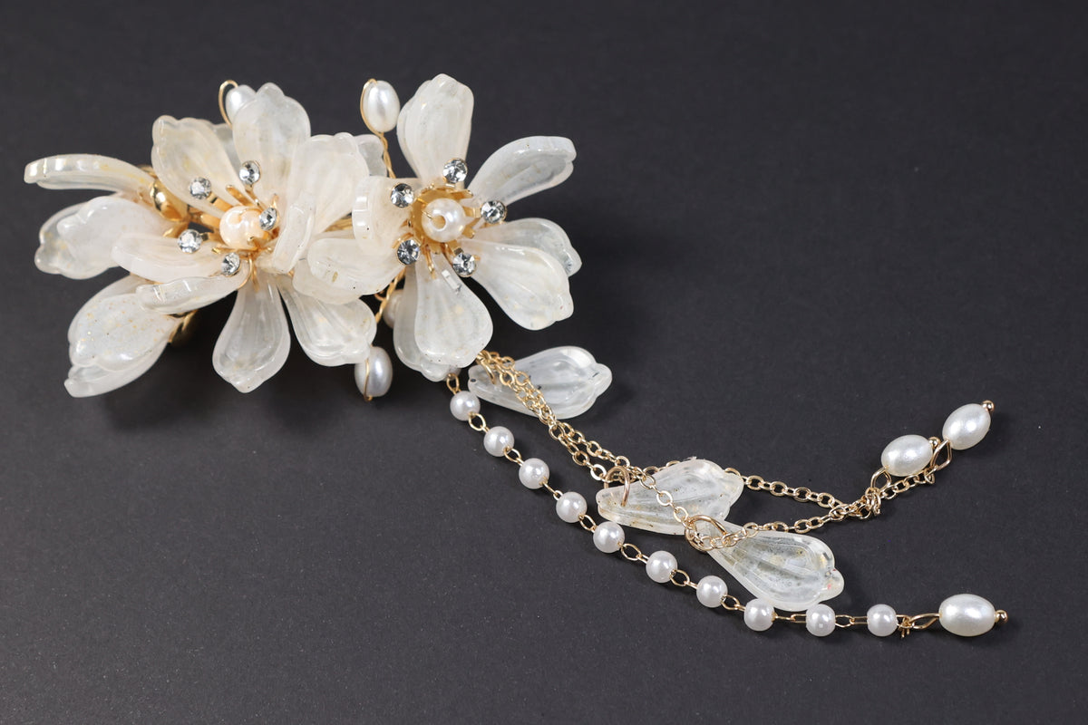 Ivory Floral Bridal Hair Clip with Pearl Tassel | Wedding Hair Accessory