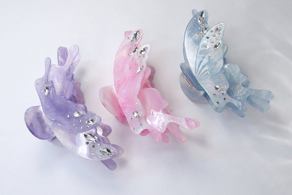 Large Acetate Butterfly Hair Claw – Crystal Rhinestone Statement Hair Clip