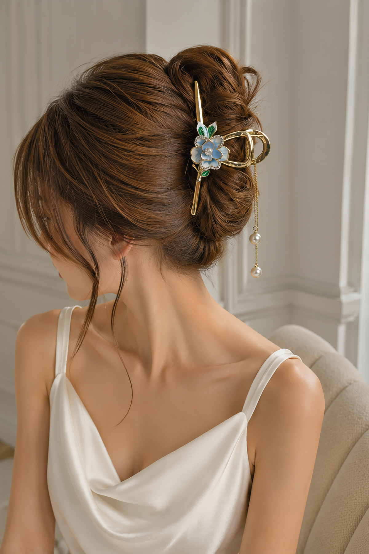 Blue Floral Pearl Tassel French Hair Claw